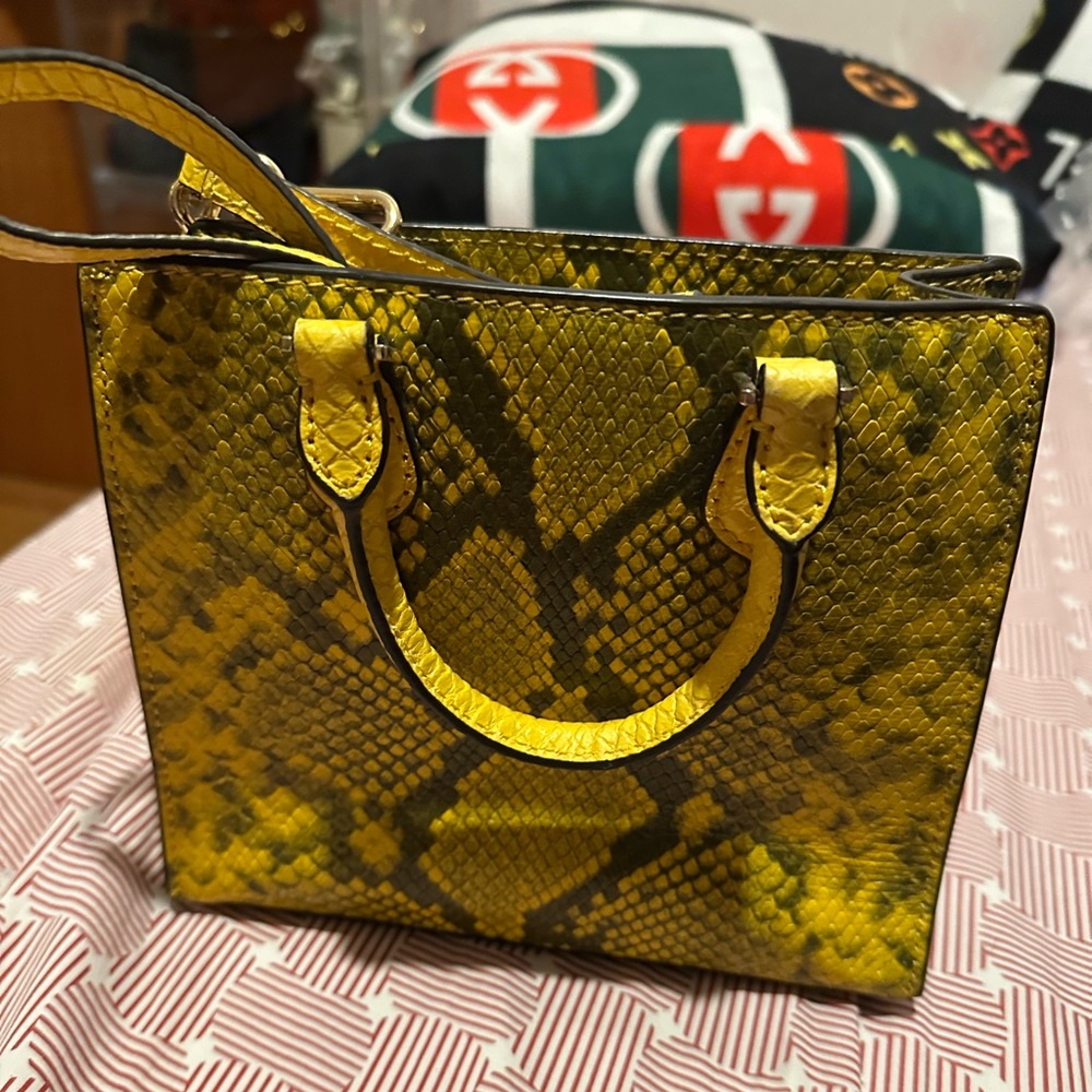 Yellow Mini Bag with Snake Print and Gold Hardware